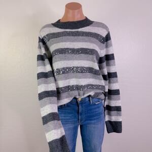 Halogen Sequin Striped Mock Neck Knit Pullover Sweater Gray White Size 2X NWT